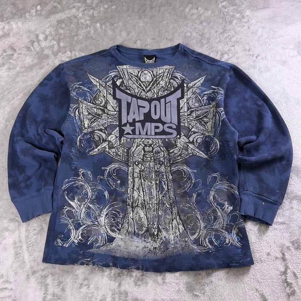 VTG y2k Tapout MPS Cross AOP Blue Thermal Women’s Size XL
